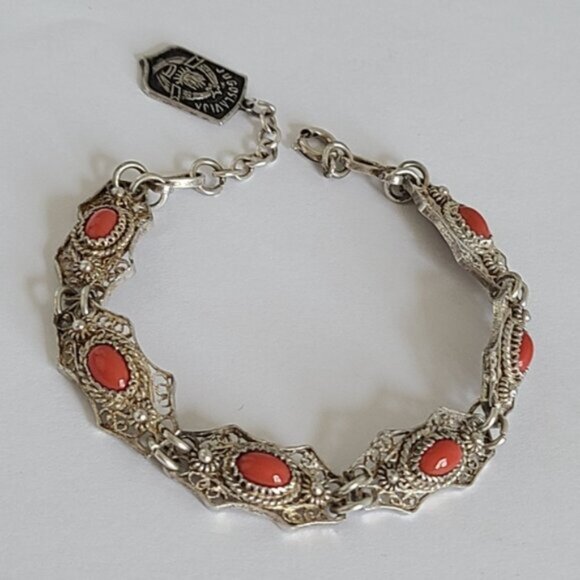 Vintage Antique Boho Sterling Silver Red Coral Cabochon Filigree Chain Bracelet - Picture 5 of 15